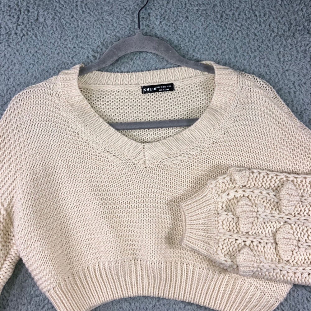 Women Chunky Cropped Sweater Women Large V Neck Balloon Sleeve‎ Open Knit